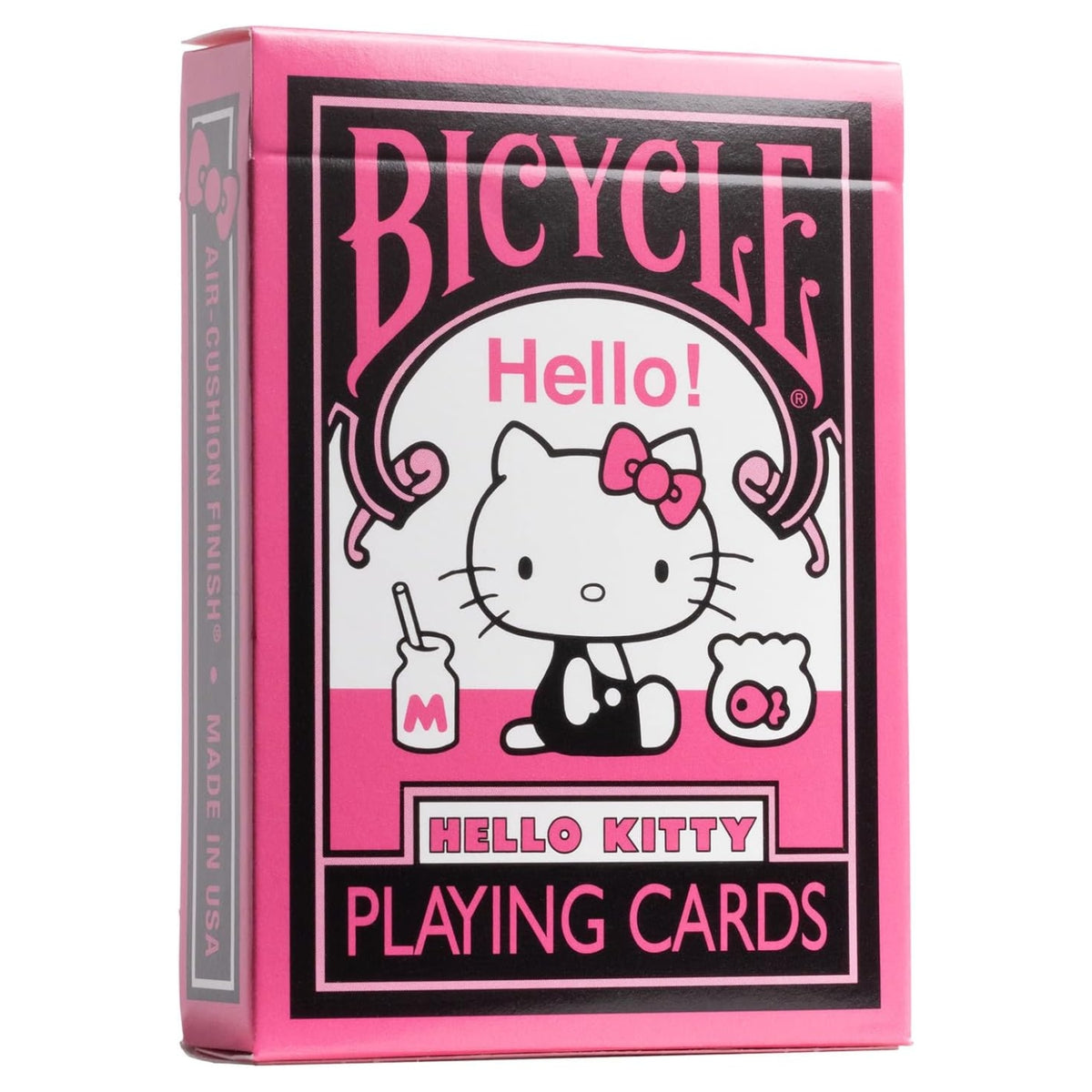 Bicycle Hello Kitty playing cards packaging with pink and black design.