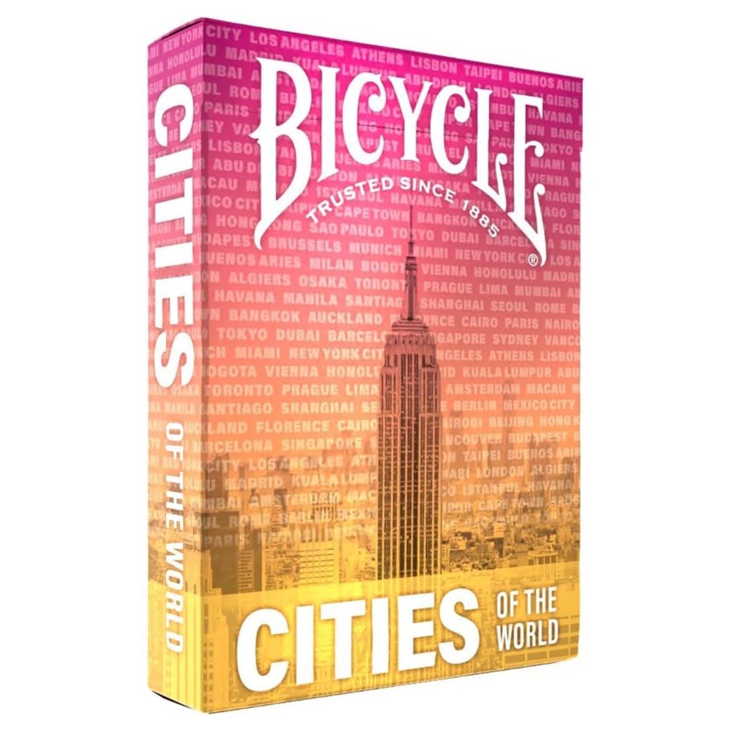 Bicycle Cities of the World playing card box with colorful design and text.